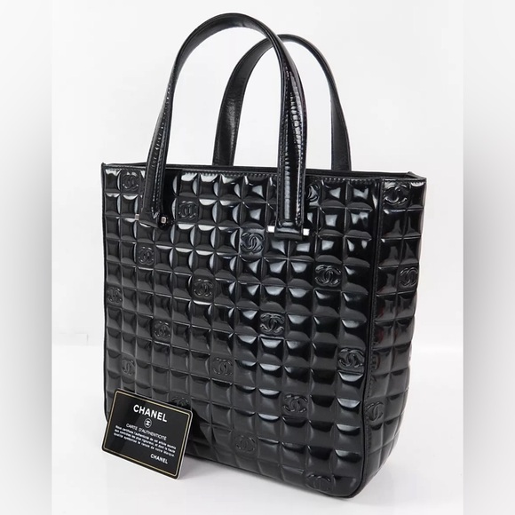 Auth CHANEL Black Chocolate Bar Patent Leather Tote Hand Bag - Picture 1 of 16